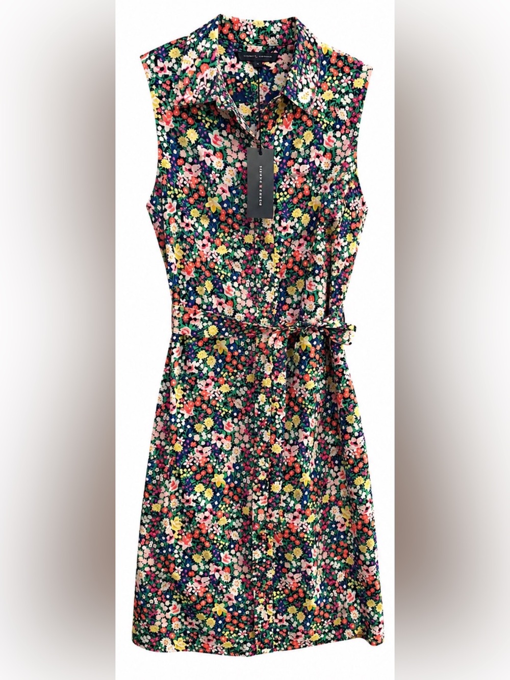 NWT Tommy Hilfiger Petite 2 Floral Midi Shirt Dress Sleeveless Tie Waist 100% Co
